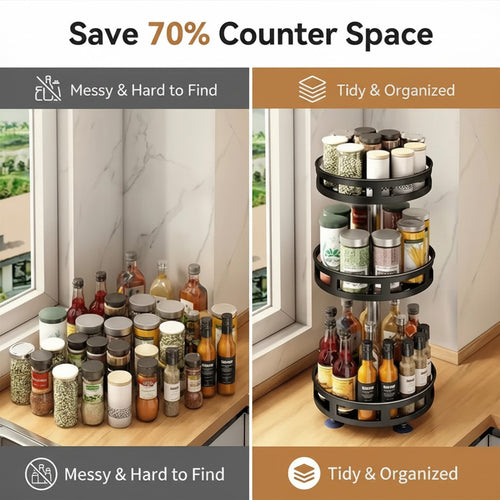 Before and after comparison of a kitchen counter with jars and bottles using a tiered spice rack.